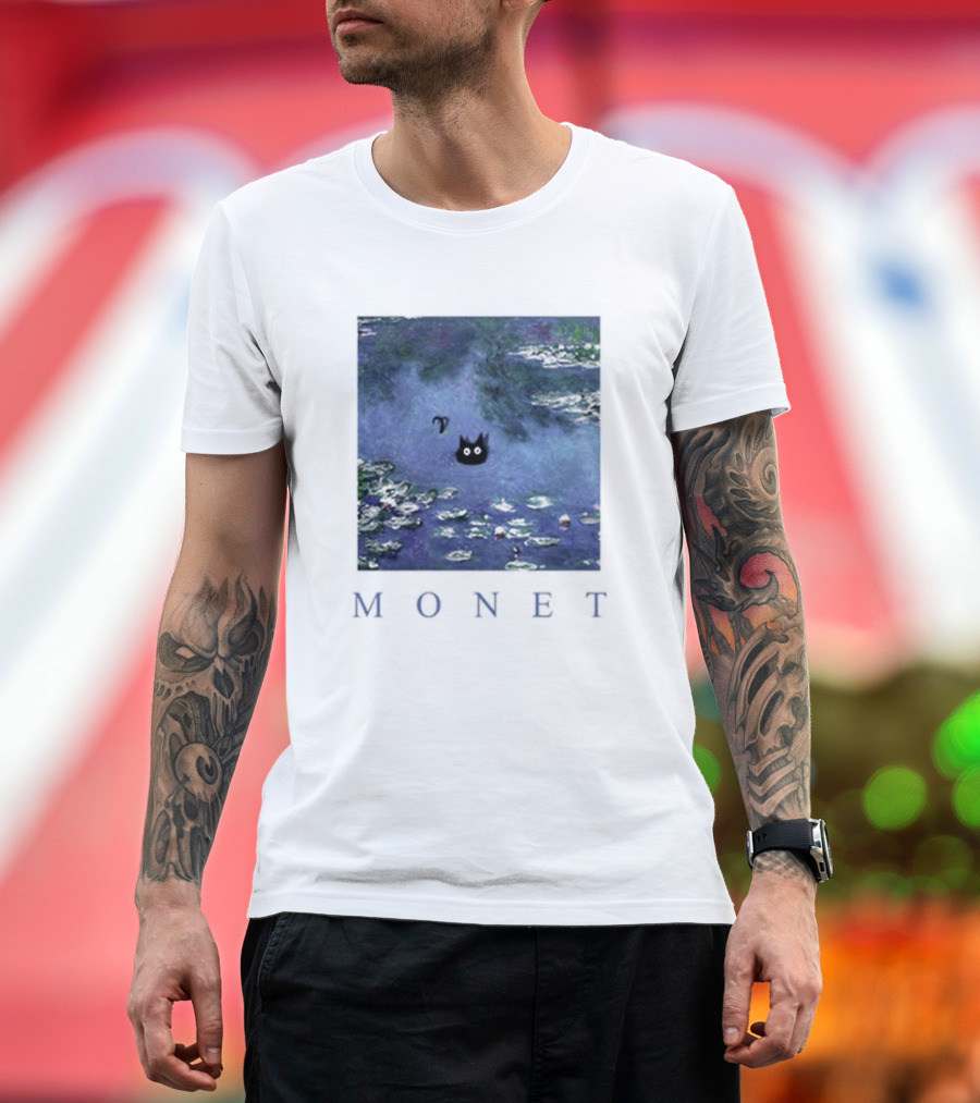 Monet Waterlily Black Cat in Pond with Monet Text T-Shirt