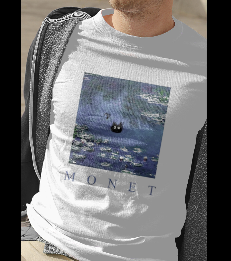 Monet Waterlily Black Cat In Pond With Monet Text T-Shirt
