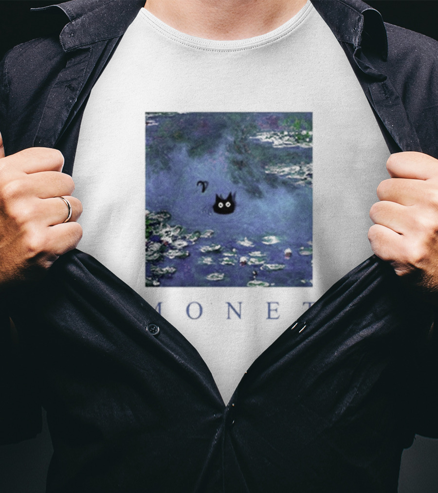 Monet Waterlily Black Cat In Pond With Monet Text T-Shirt