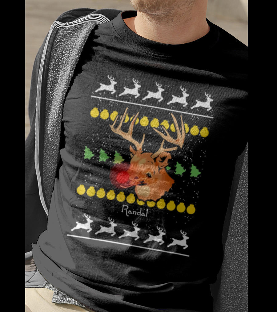 Randal Reindeer Festive Holiday Pattern With Red Nose And Antlers T-Shirt
