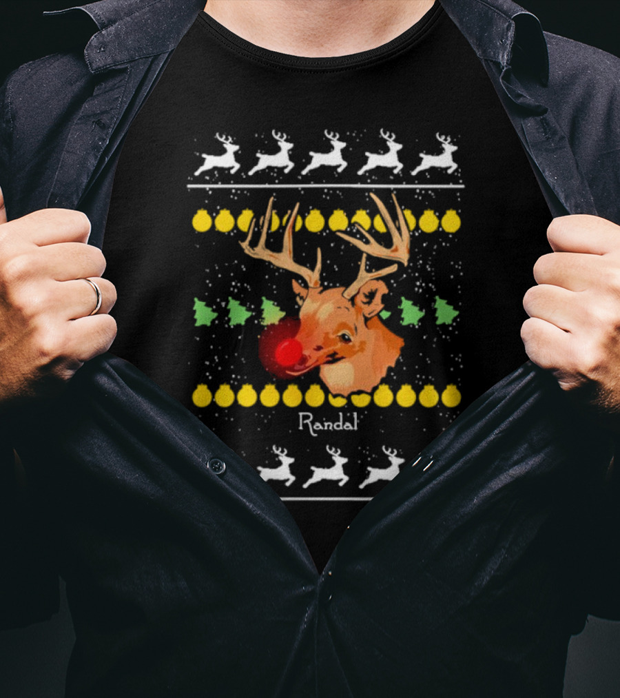 Randal Reindeer Festive Holiday Pattern With Red Nose And Antlers T-Shirt