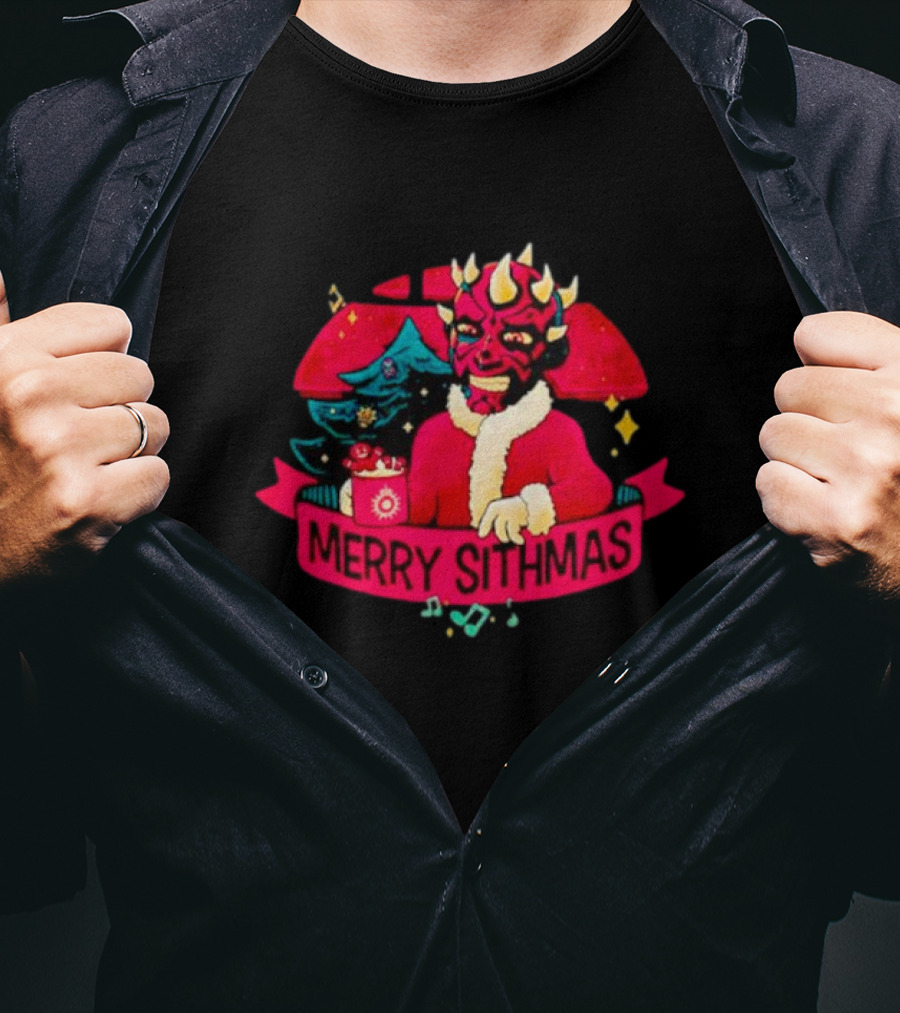 Star Wars Merry Sithmas Featuring Darth Maul In Santa Suit With Christmas Tree And Festive Elements T-Shirt