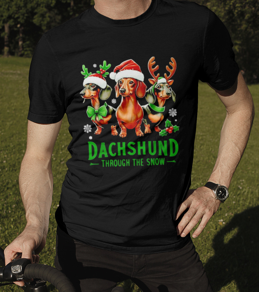 Dachshund Through The Snow Santa Hat Reindeer Antlers Christmas Bow T-Shirt