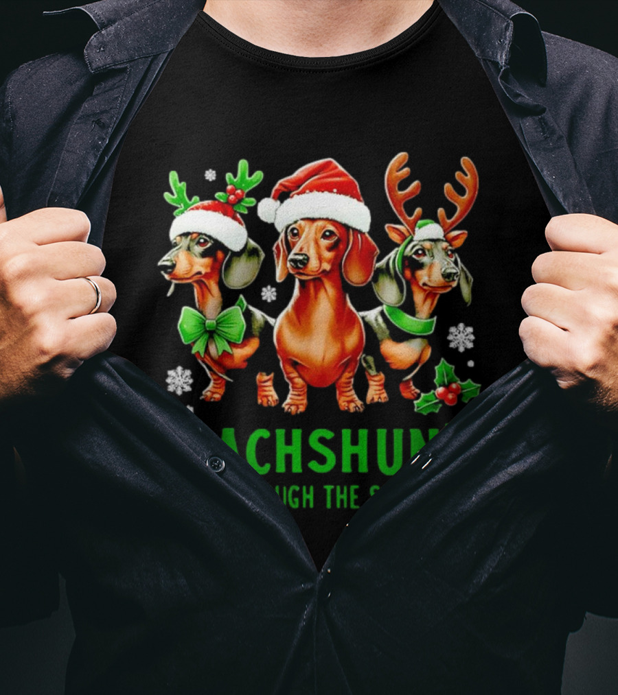 Dachshund Through The Snow Santa Hat Reindeer Antlers Christmas Bow T-Shirt