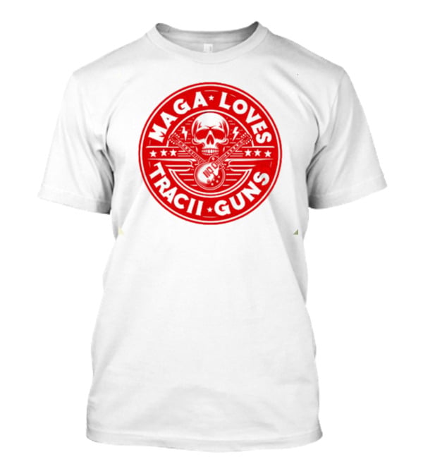 Maga Loves Tracii Guns Skull And Guitar Emblem With Stars And Lightning Bolts T-Shirt