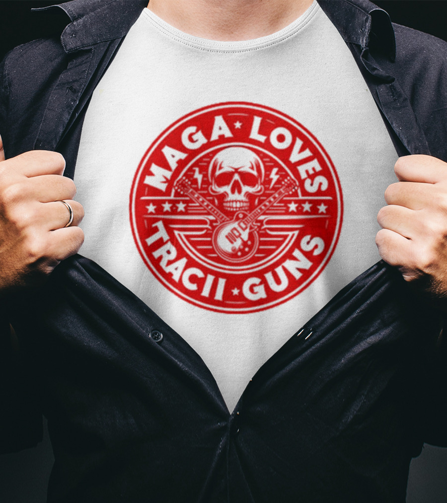Maga Loves Tracii Guns Skull And Guitar Emblem With Stars And Lightning Bolts T-Shirt