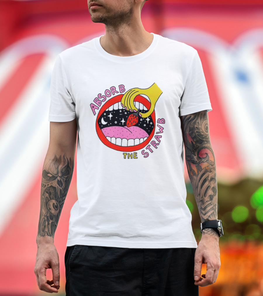 Absorb the Strawb Strawberry Imagery with Hand and Mouth T-Shirt