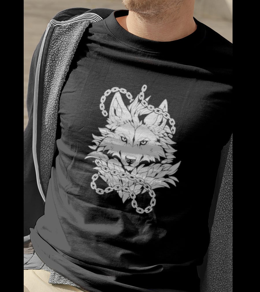 Wolf And Chains Intricate Black White T-Shirt