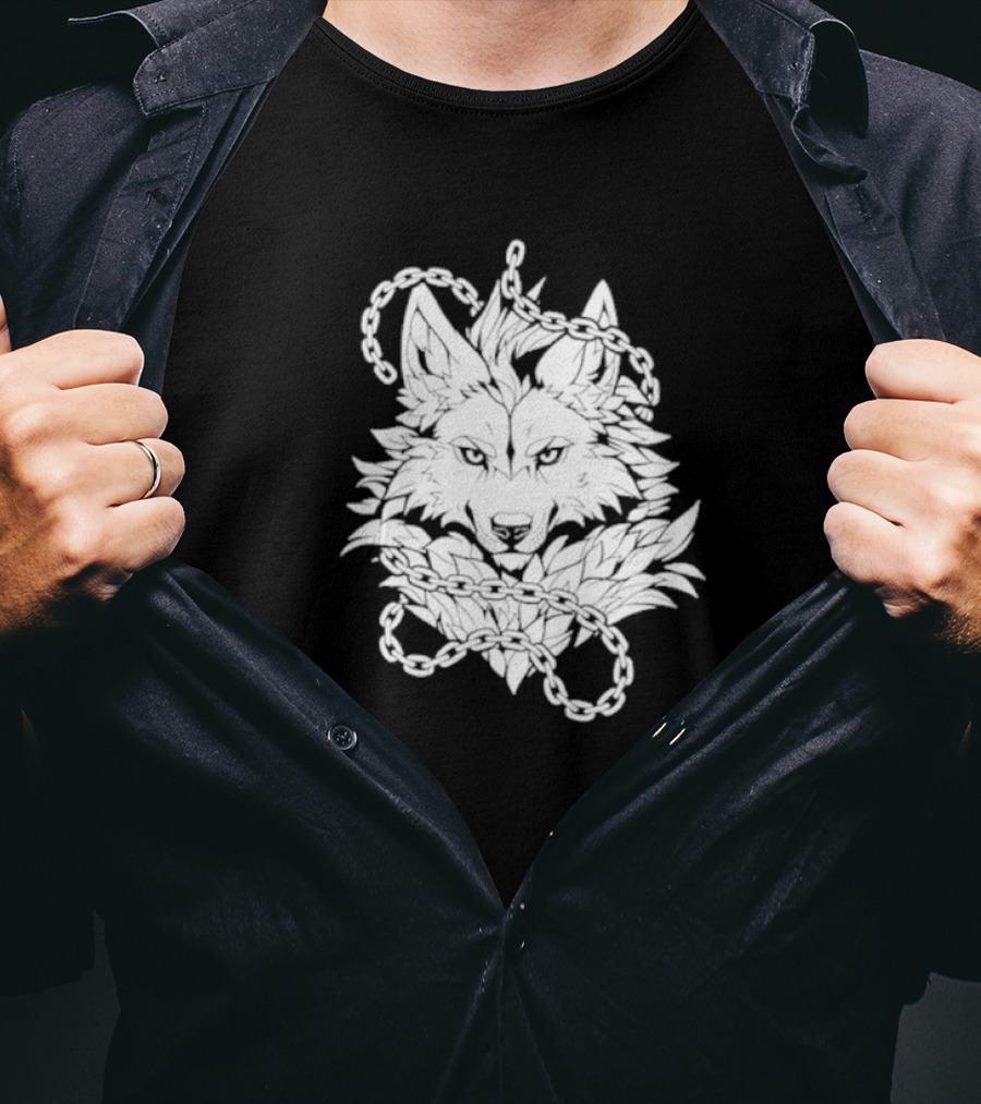 Wolf And Chains Intricate Black White T-Shirt