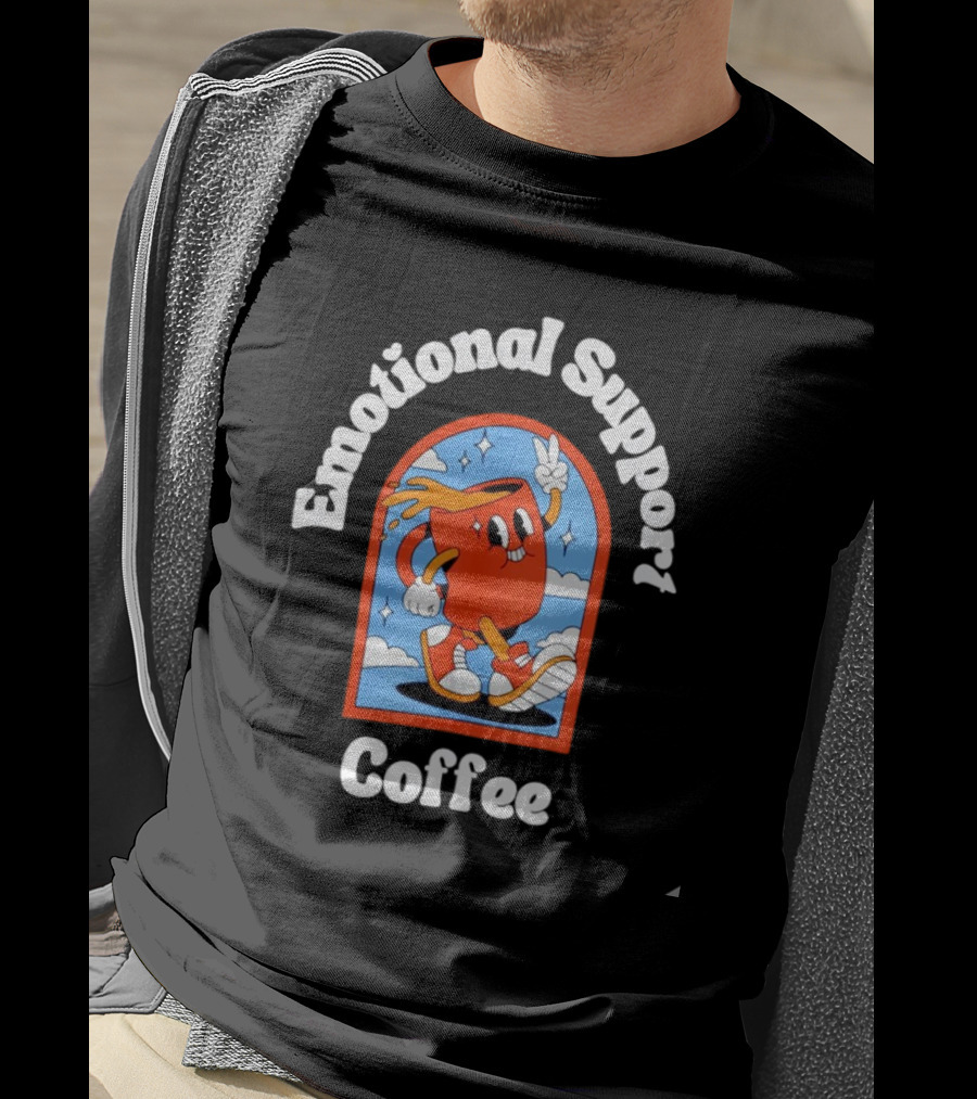 Emotional Support Coffee Cheerful Cartoon Character T-Shirt