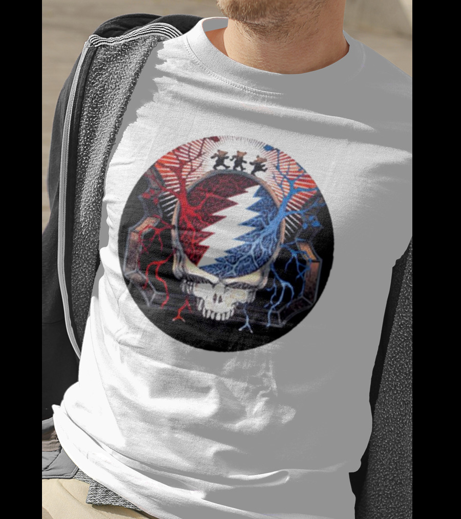 Grateful Dead Skull Bear Red Blue Lightning Bolt Circle T-Shirt