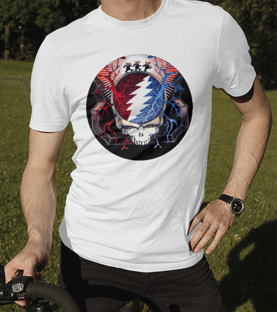Grateful Dead Skull Bear Red Blue Lightning Bolt Circle T-Shirt