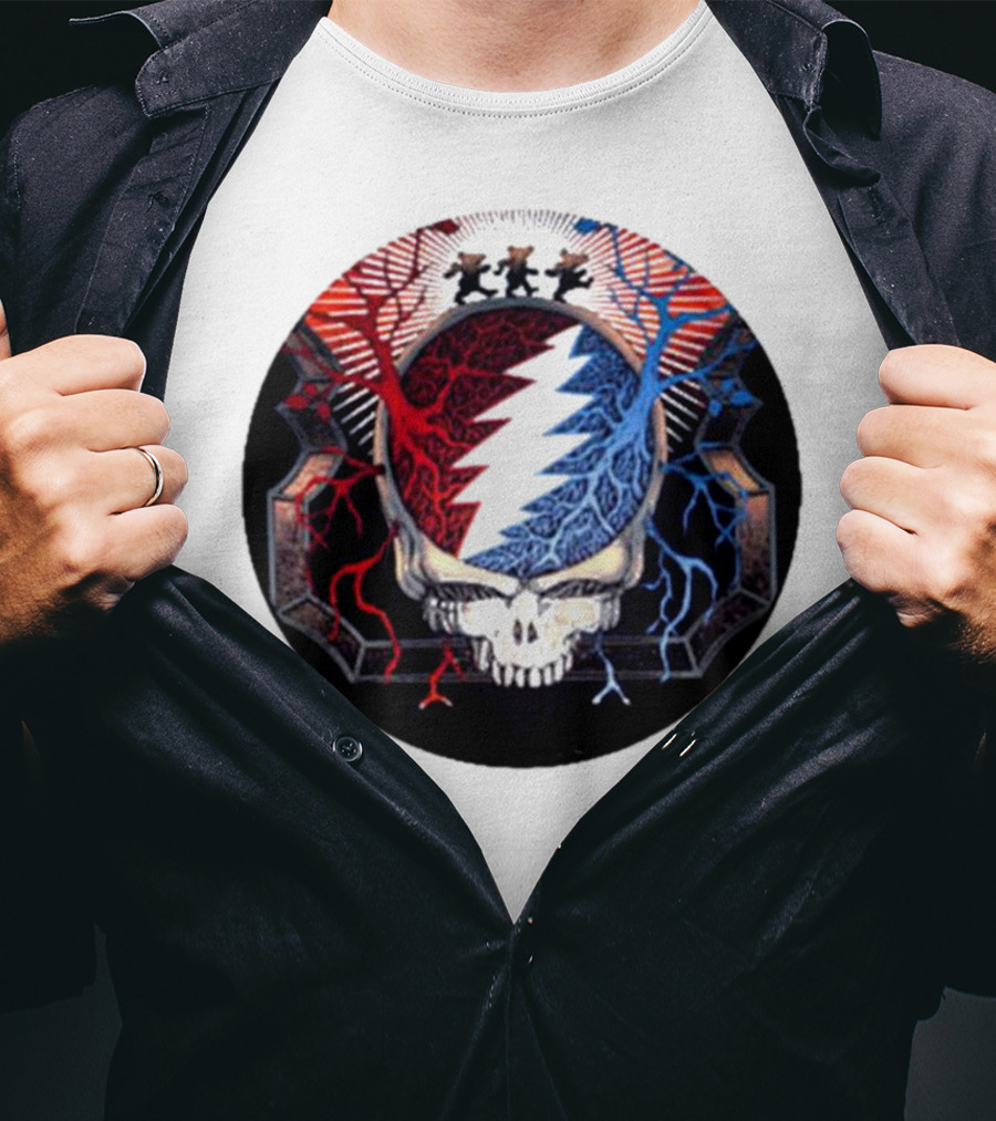 Grateful Dead Skull Bear Red Blue Lightning Bolt Circle T-Shirt