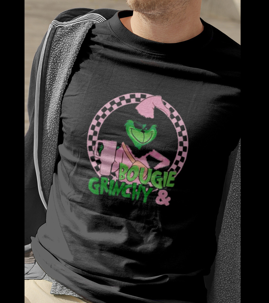 Bougie Grinchy And Pink Character With Checkerboard Circle T-Shirt