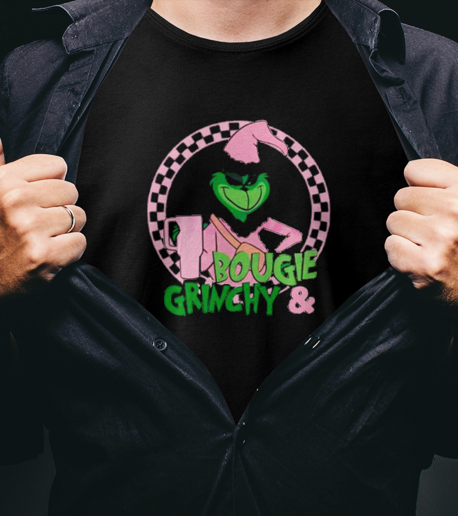 Bougie Grinchy And Pink Character With Checkerboard Circle T-Shirt