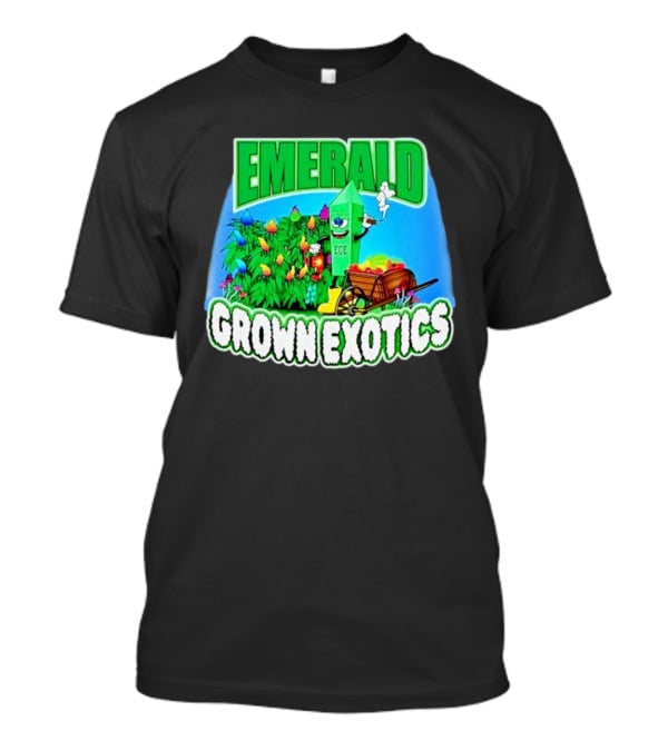 Emerald Grown Exotics Colorful Harvest With EGE Mascot And Wagon T-Shirt