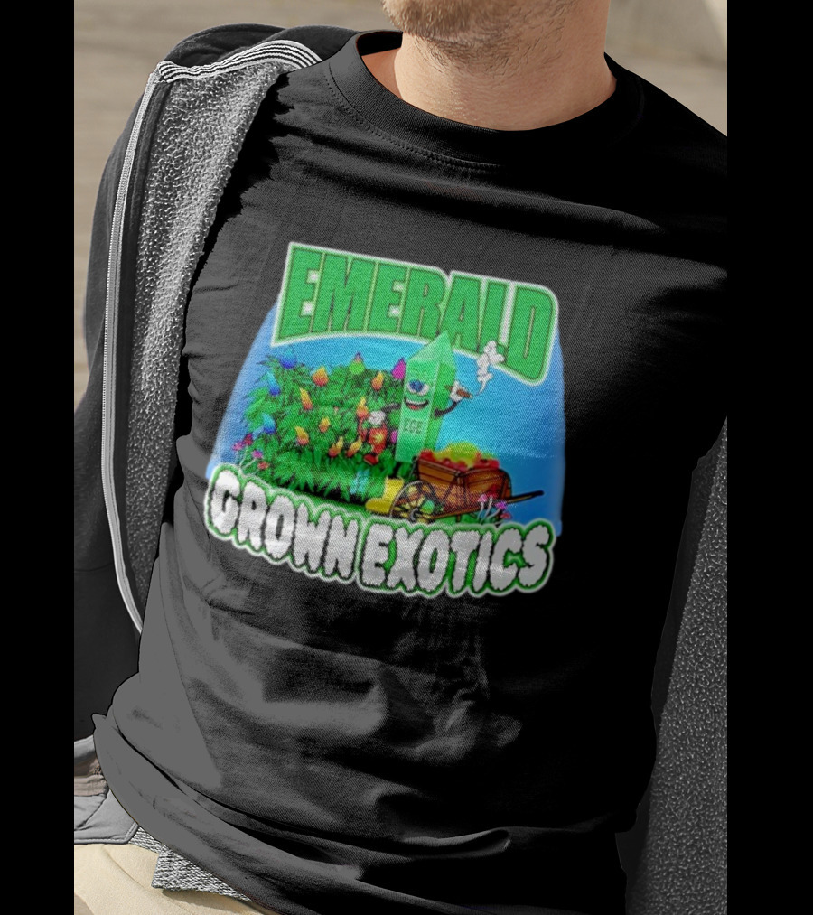 Emerald Grown Exotics Colorful Harvest With EGE Mascot And Wagon T-Shirt