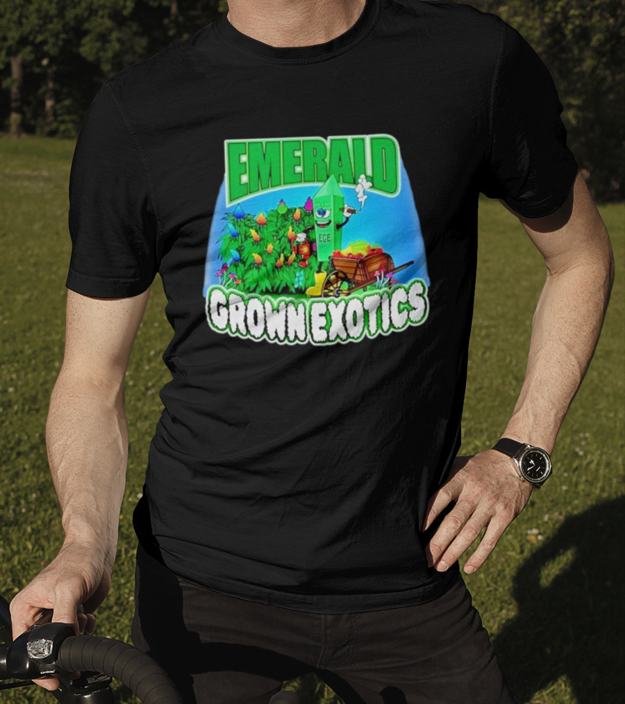 Emerald Grown Exotics Colorful Harvest With EGE Mascot And Wagon T-Shirt