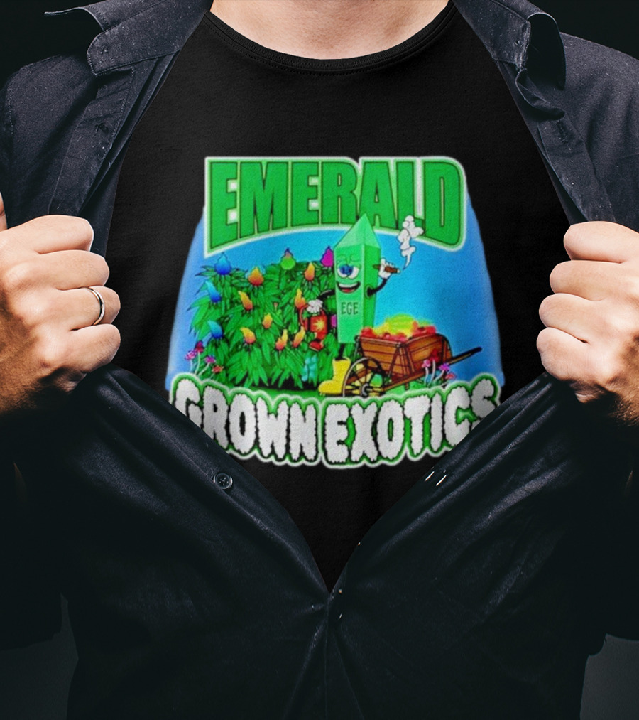 Emerald Grown Exotics Colorful Harvest With EGE Mascot And Wagon T-Shirt