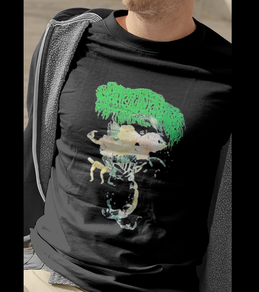 Sanguisugabogg Homicidal Ecstacy Abstract Green Dripping Text With Floral Skull And Spine T-Shirt