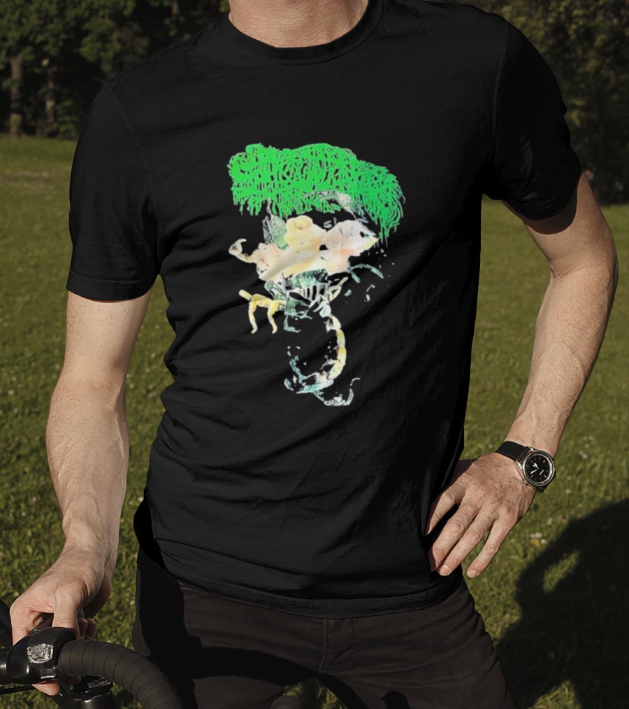 Sanguisugabogg Homicidal Ecstacy Abstract Green Dripping Text With Floral Skull And Spine T-Shirt