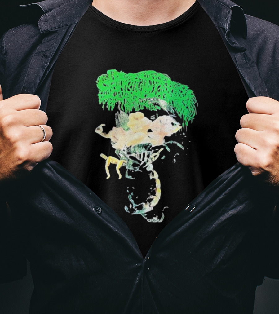 Sanguisugabogg Homicidal Ecstacy Abstract Green Dripping Text With Floral Skull And Spine T-Shirt
