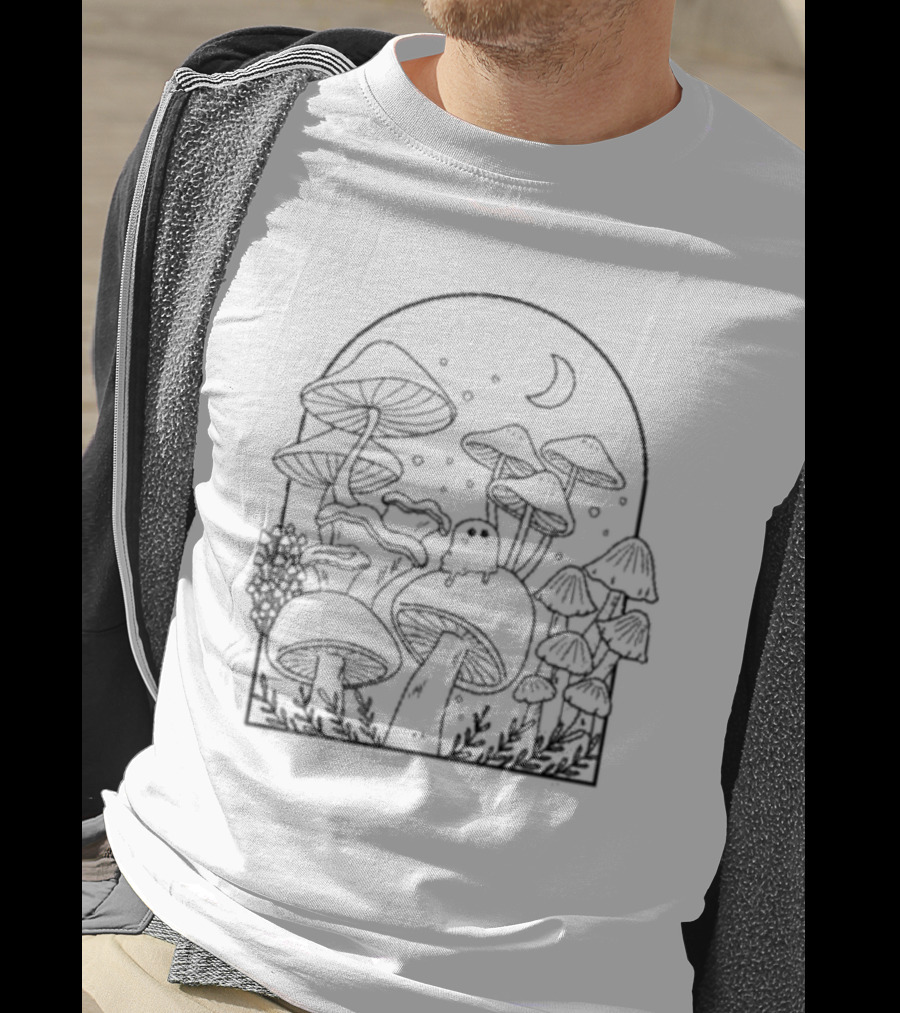 Slimecicle Mushroom Forest Night Scene With Crescent Moon And Cute Ghostly Creature T-Shirt