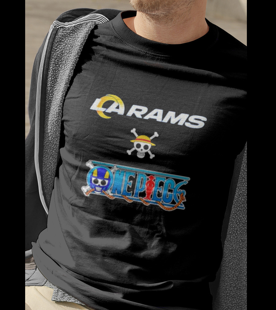 LA Rams One Piece Crossover Logo Skull Hat T-Shirt