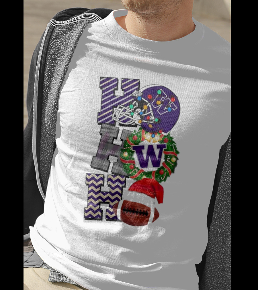 Washington Huskies Football Christmas Helmet Wreath Football Santa Hat Ho Ho Ho T-Shirt