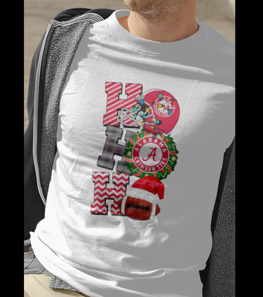 Alabama Crimson Tide Football Christmas Ho Ho Ho Santa Hat Wreath Football Helmet T-Shirt