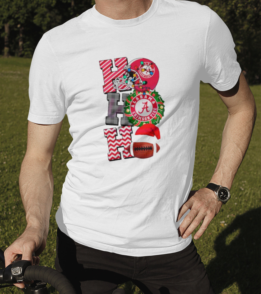Alabama Crimson Tide Football Christmas Ho Ho Ho Santa Hat Wreath Football Helmet T-Shirt