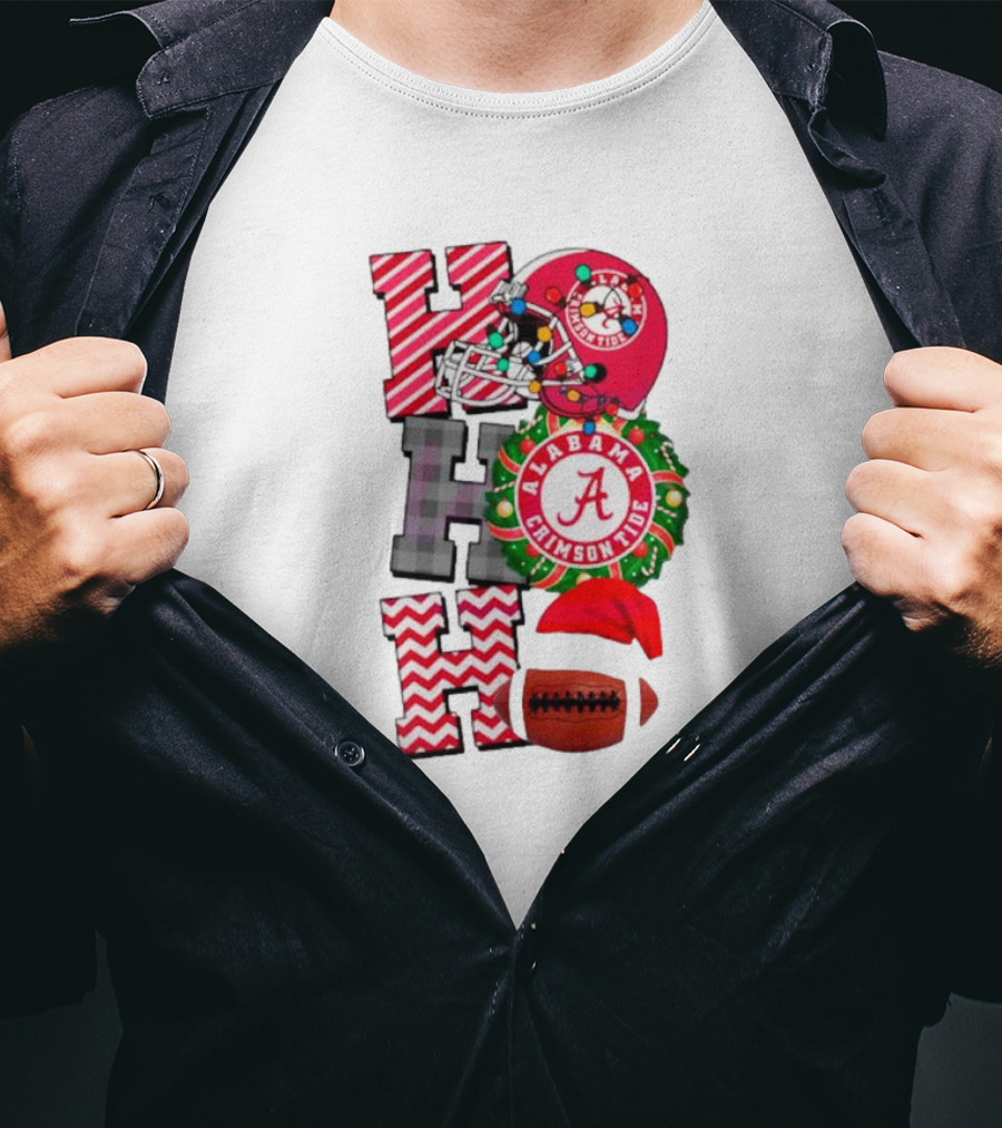 Alabama Crimson Tide Football Christmas Ho Ho Ho Santa Hat Wreath Football Helmet T-Shirt