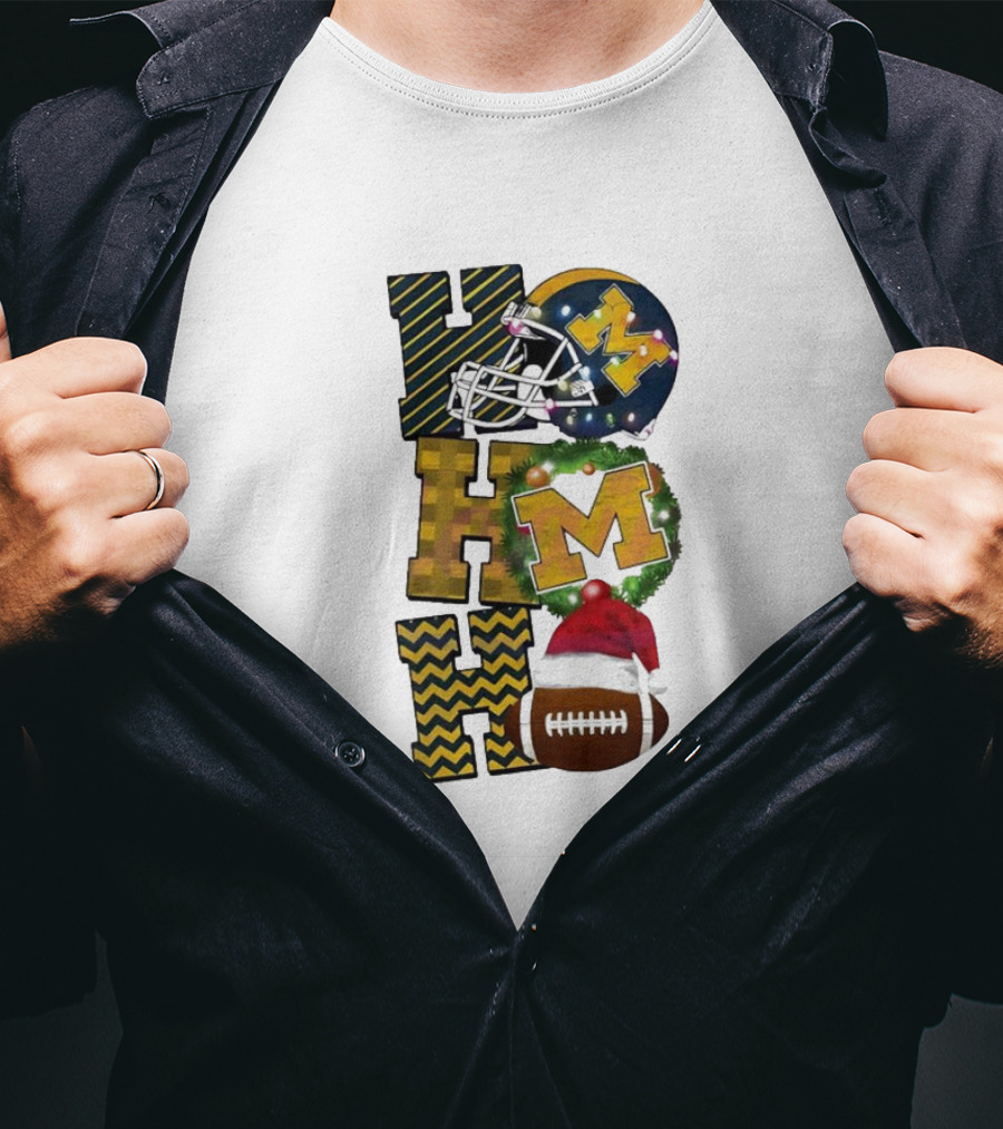 Michigan Wolverines Football Helmet Wreath Christmas Ho Ho Ho T-Shirt