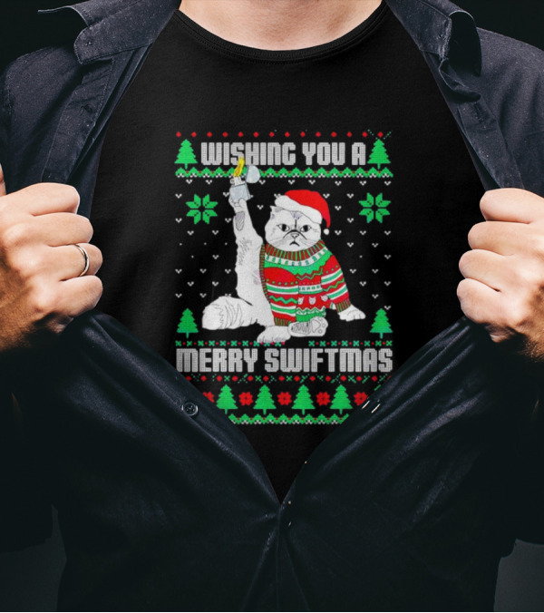 Wishing You A Merry Swiftmas Cat Santa Ugly Christmas T-Shirt