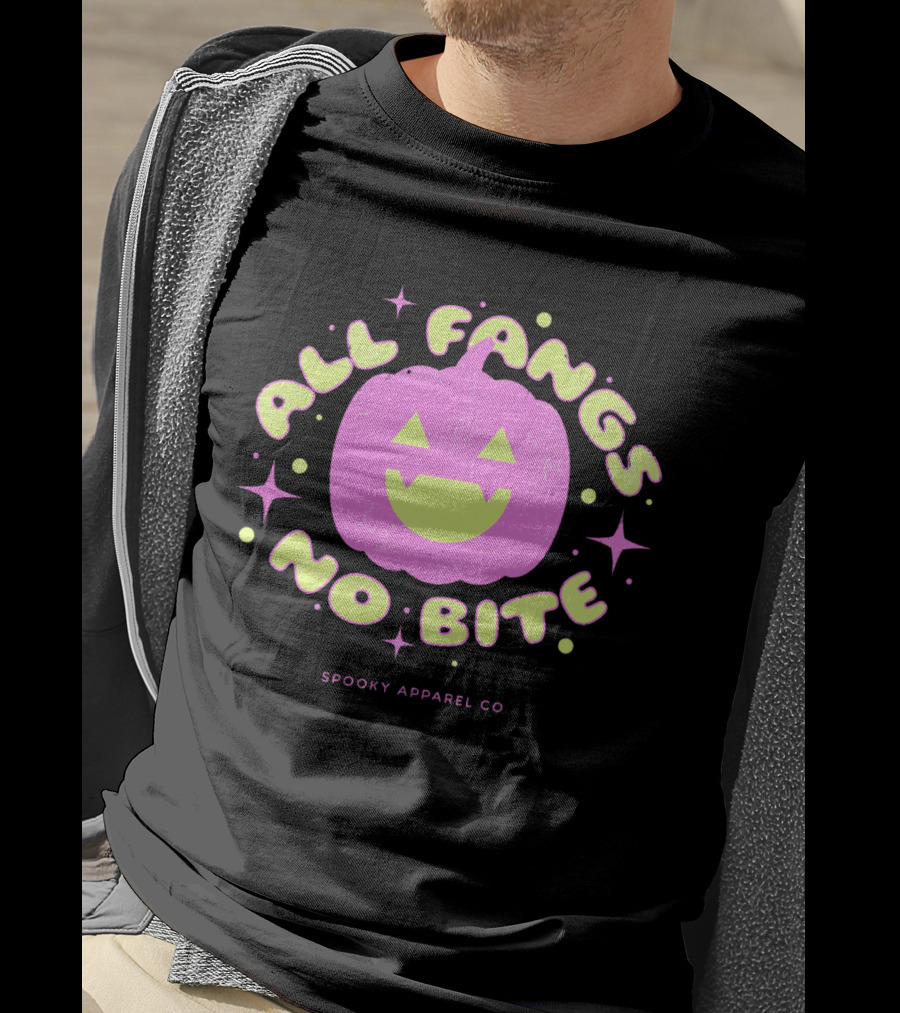 All Fangs No Bite Spooky Apparel Co Halloween Pumpkin T-Shirt