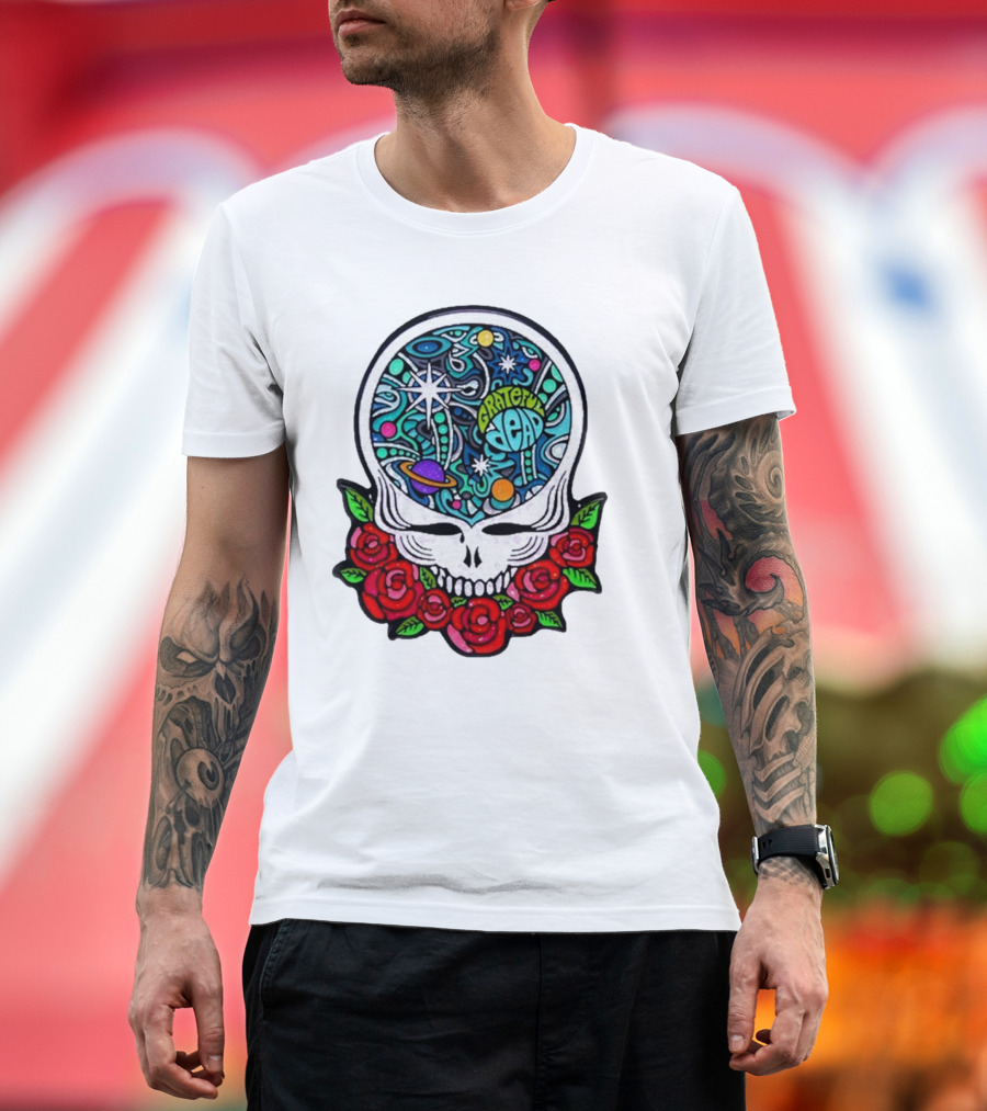 Grateful Dead Skull with Cosmic Rose Design by Danny Steinman T-Shirt