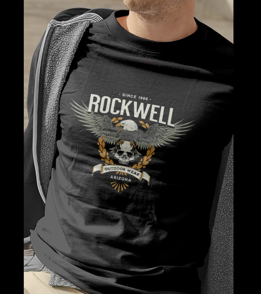 Rockwell Arizona Since 1986 Outdoor Wear Eagle And Skull Badge T-Shirt