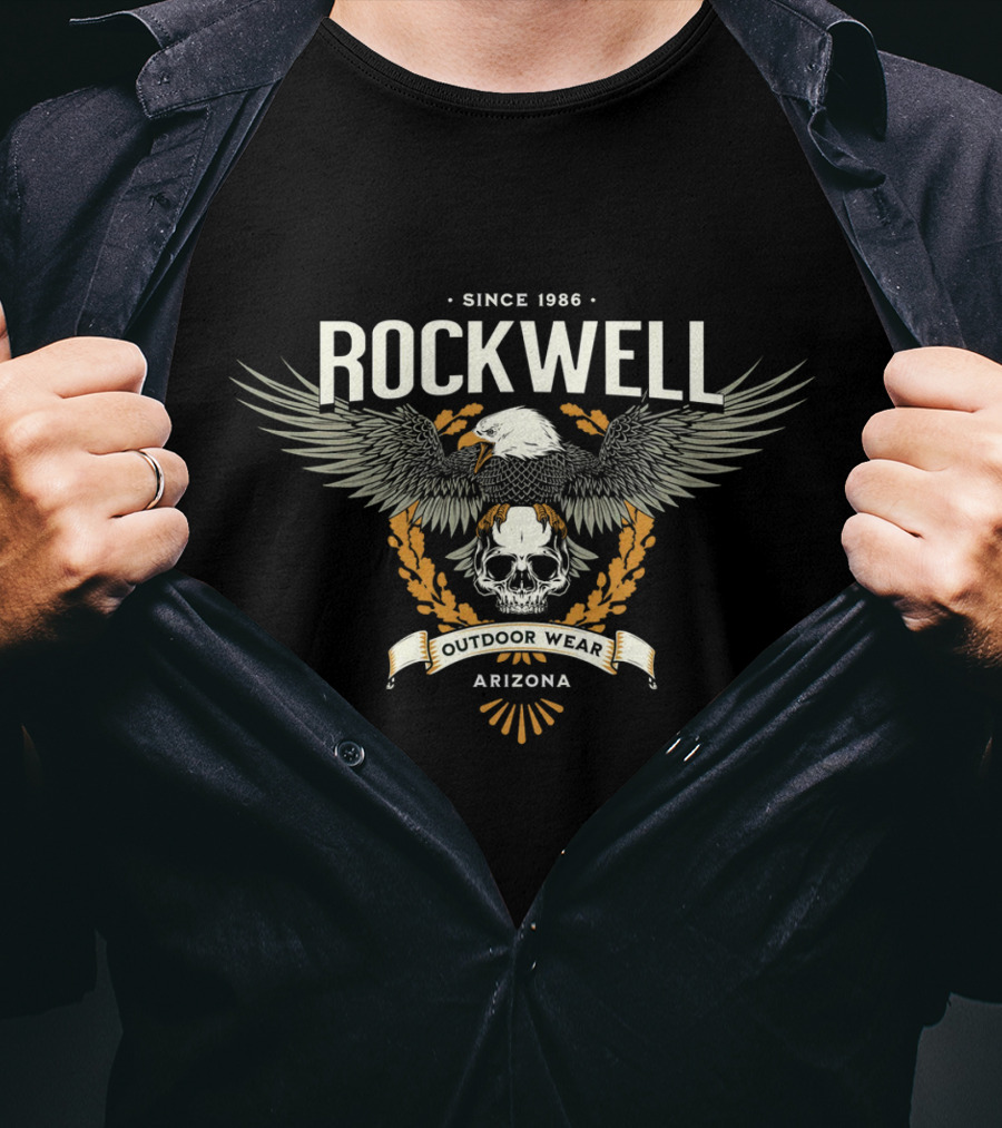 Rockwell Arizona Since 1986 Outdoor Wear Eagle And Skull Badge T-Shirt