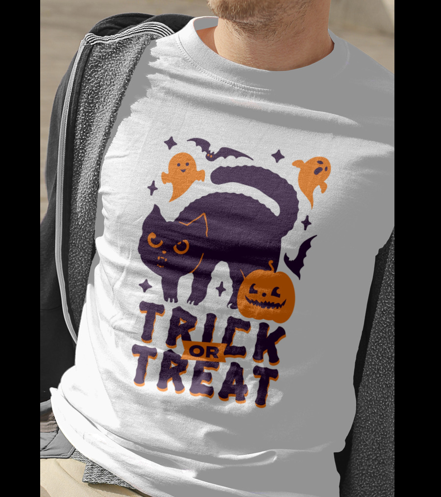 Trick Or Treat Halloween Cats Pumpkins Ghosts And Bats T-Shirt