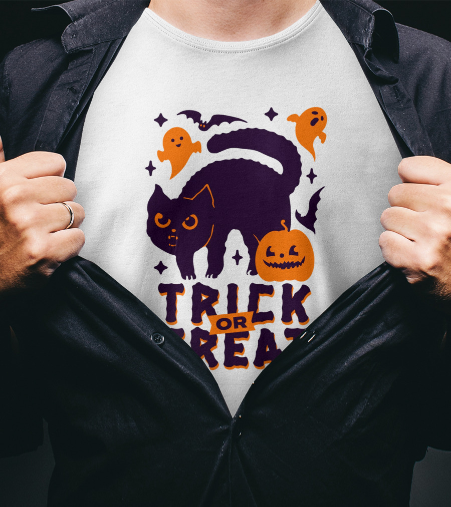 Trick Or Treat Halloween Cats Pumpkins Ghosts And Bats T-Shirt