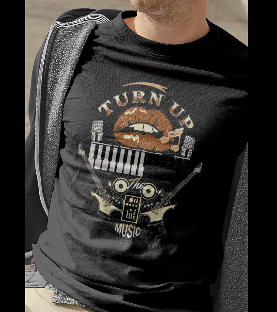 TURN UP THE MUSIC Keyboard Guitars And Microphones T-Shirt