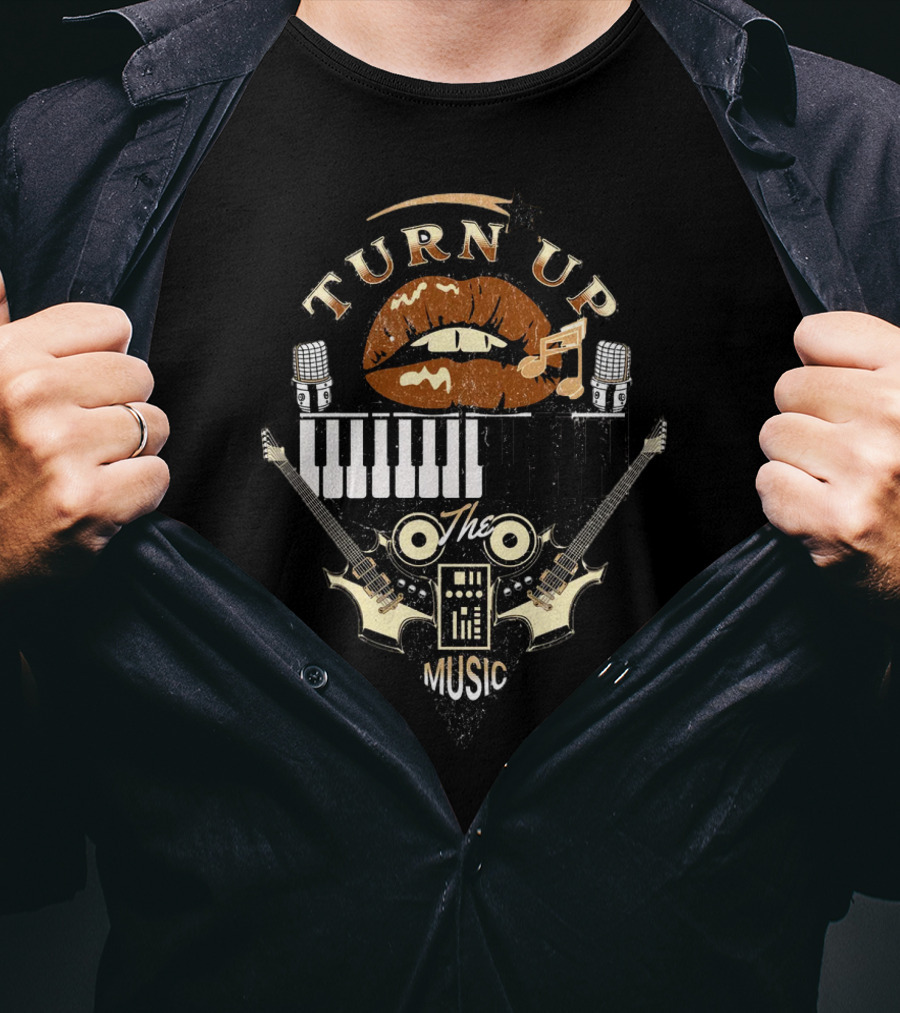 TURN UP THE MUSIC Keyboard Guitars And Microphones T-Shirt