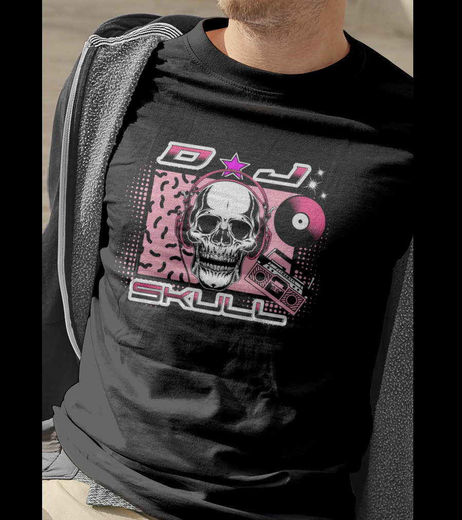 DJ Skull Retro Headphones Boombox Vinyl Star T-Shirt