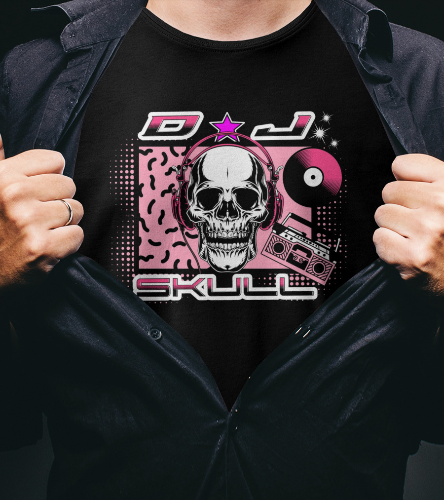 DJ Skull Retro Headphones Boombox Vinyl Star T-Shirt
