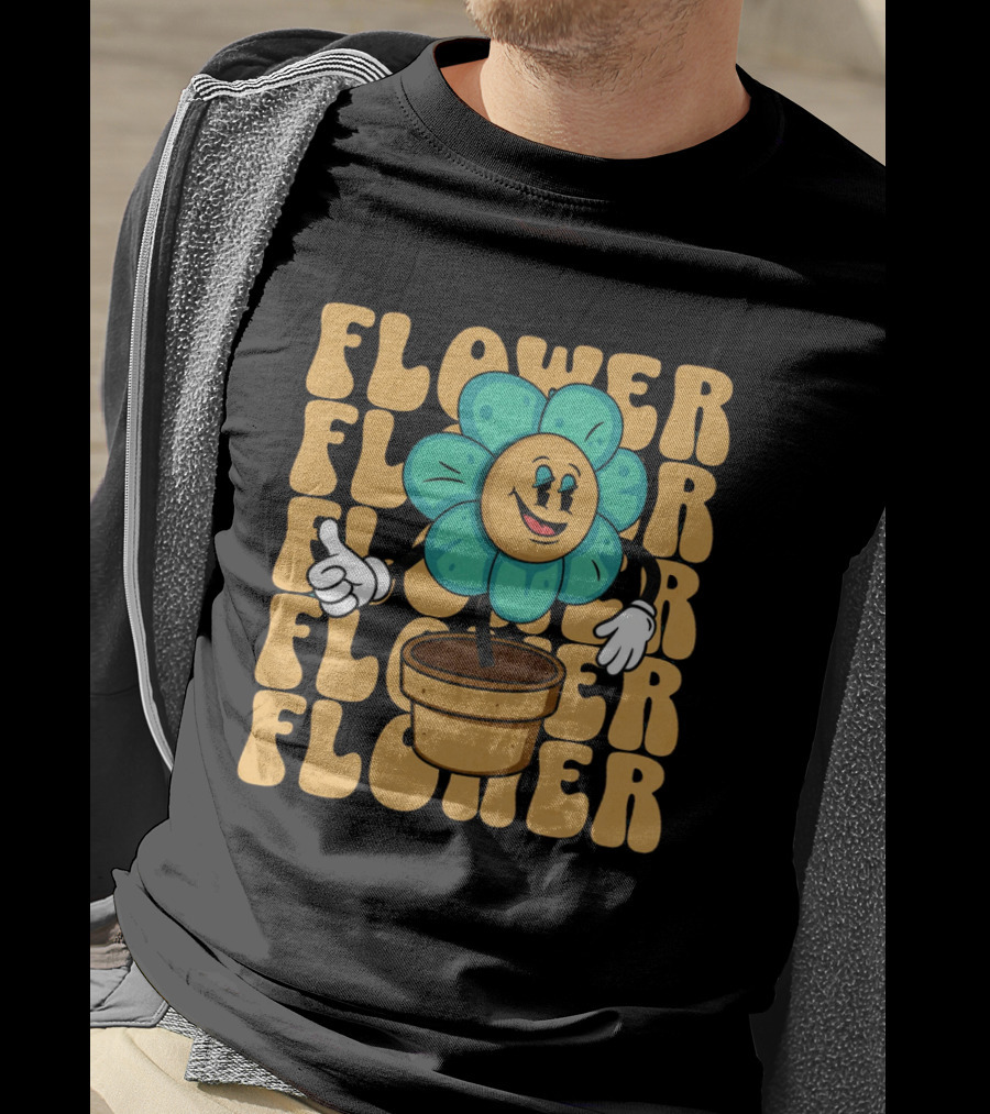 Flower Happy Blue Petal Character In Pot With Groovy Text T-Shirt