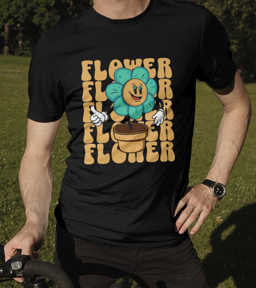 Flower Happy Blue Petal Character In Pot With Groovy Text T-Shirt