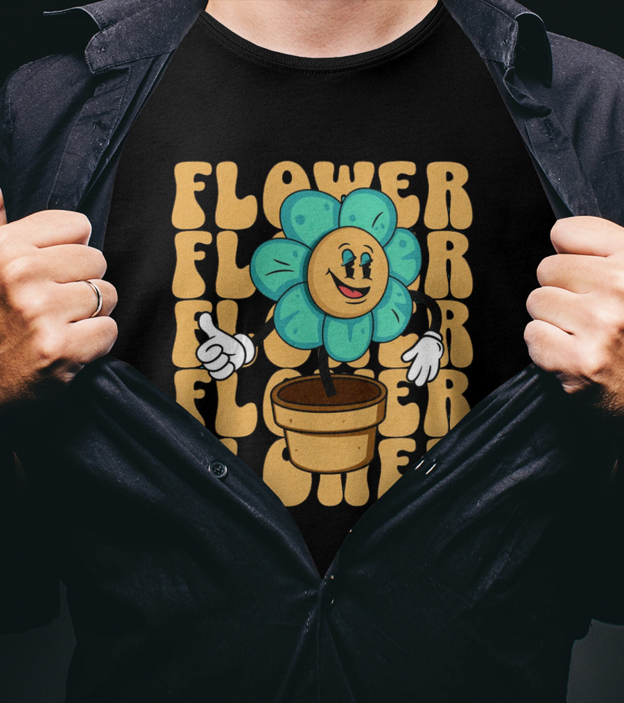 Flower Happy Blue Petal Character In Pot With Groovy Text T-Shirt