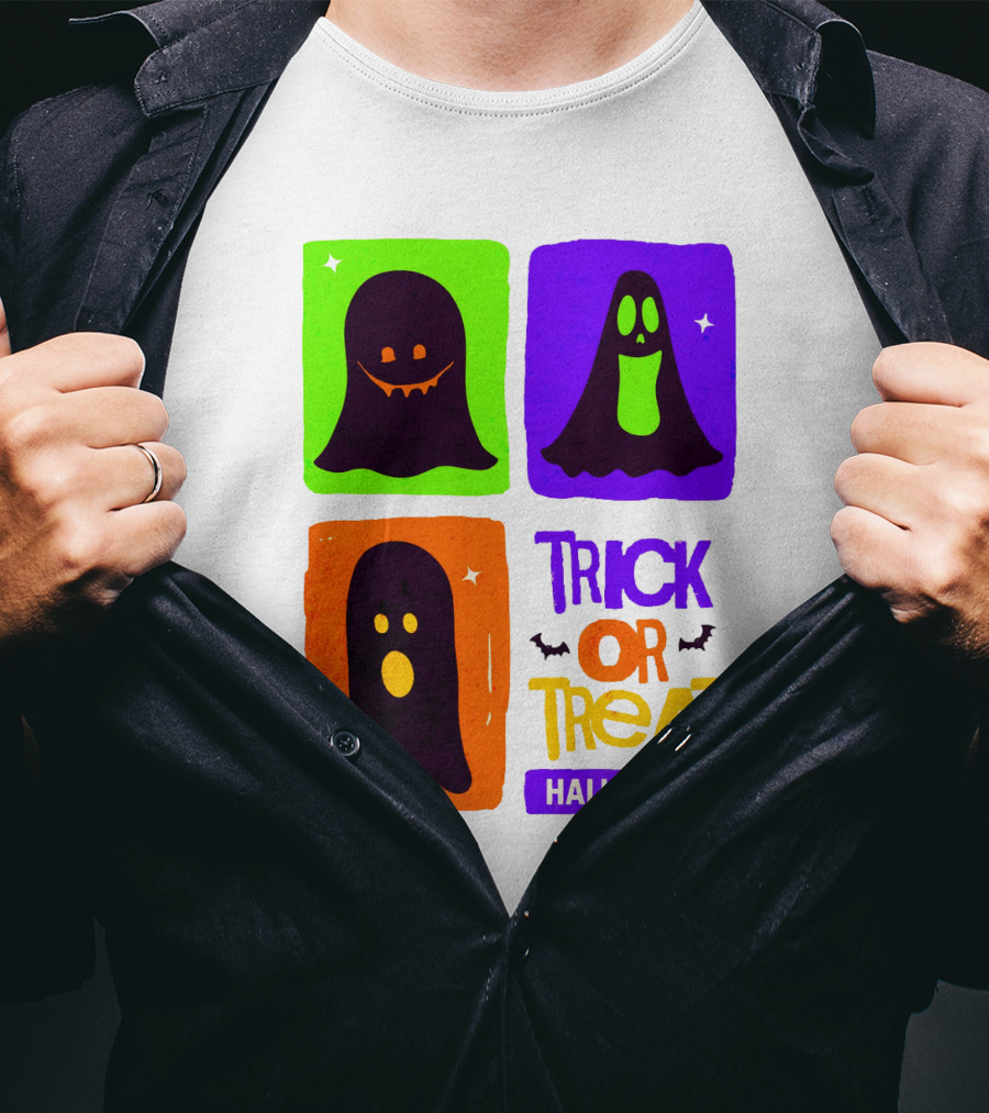 Halloween Trick Or Treat Ghosts In Colorful Boxes T-Shirt