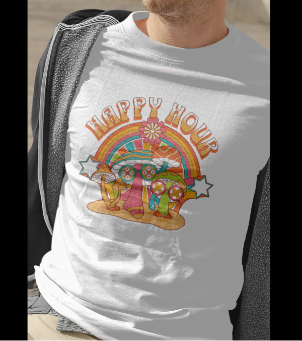 Happy Hour Psychedelic Mushroom Rainbow 70s T-Shirt