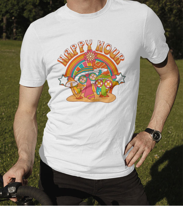 Happy Hour Psychedelic Mushroom Rainbow 70s T-Shirt